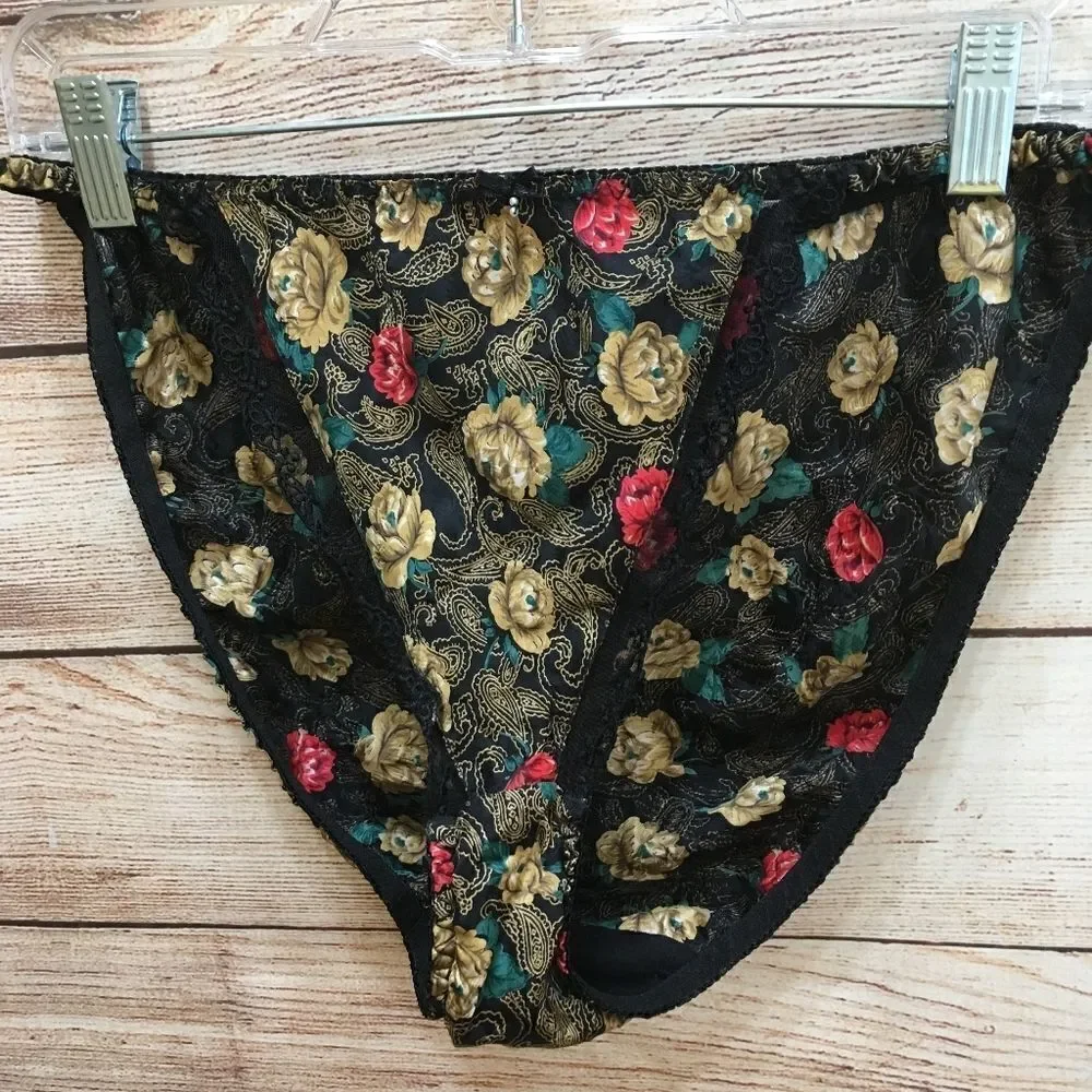 VINTAGE SILKSCREEN 100% SILK CHEMISE WITH PANTIES IN BLACK FLORAL‎ - Picture 9 of 11